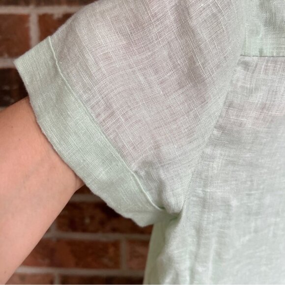 Talbots Top Linen Ruffle Short Sleeve Green Solid Women's Size 6 Petite - Picture 8 of 10